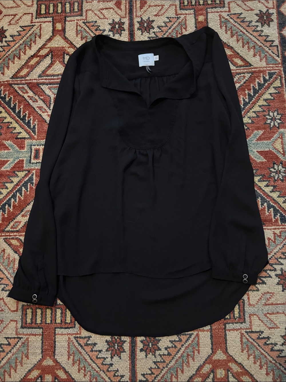 Anthropologie HD in Paris Black Split Neck Pullover High Low Hem Blouse Size 12